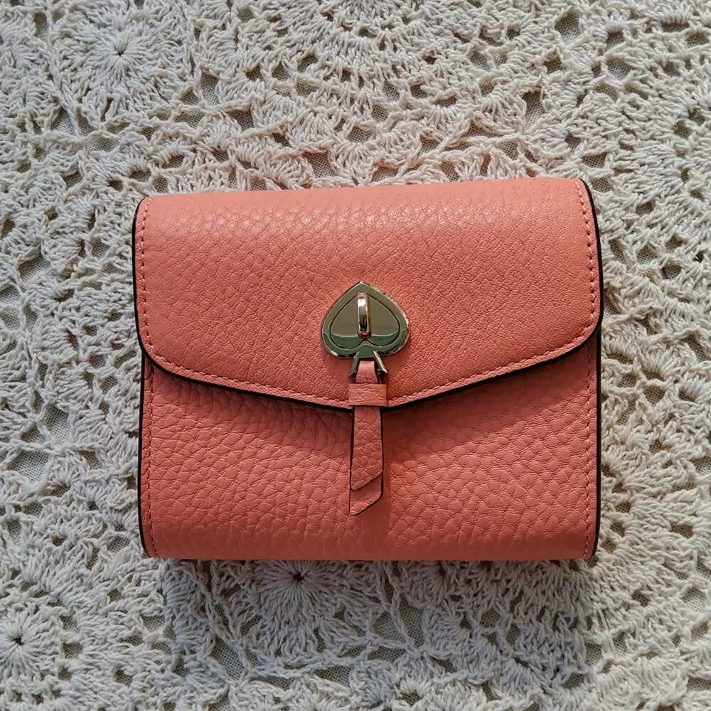 Kate Spade Women's Small Flap Wallet Card Case Pebbled Leather in Melon Ball